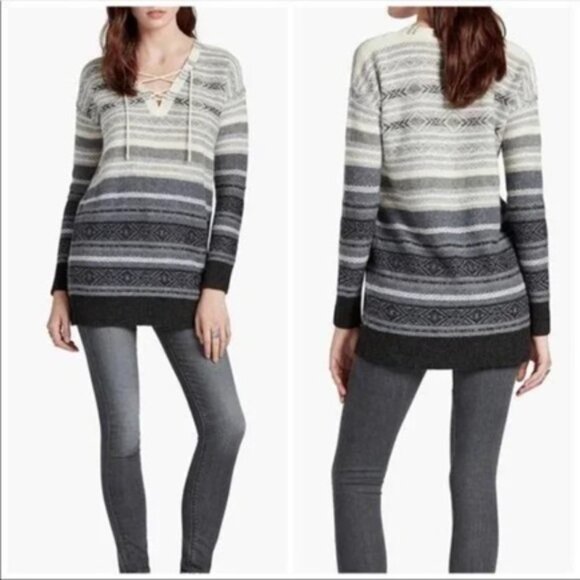 Lucky Brand Wool Alpaca V-Neck Striped Tunic White Gray Cream Lace Up Sweater M - Picture 1 of 7